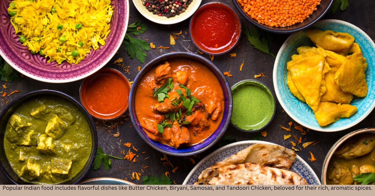 Popular Indian food includes flavorful dishes like Butter Chicken, Biryani, Samosas, and Tandoori Chicken, beloved for their rich, aromatic spices.